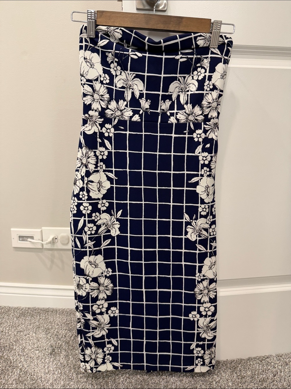 Express Navy and White Floral Grid Midi Dress
